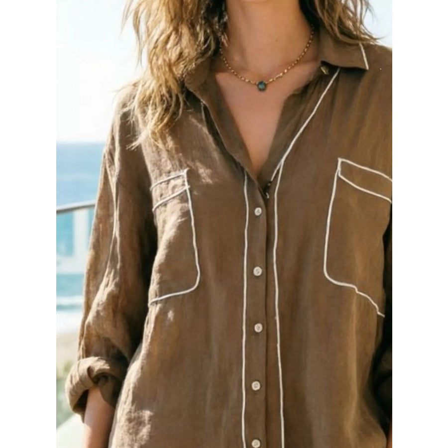 Contrast Trim Button Up Long Sleeve Shirt Apparel and Accessories