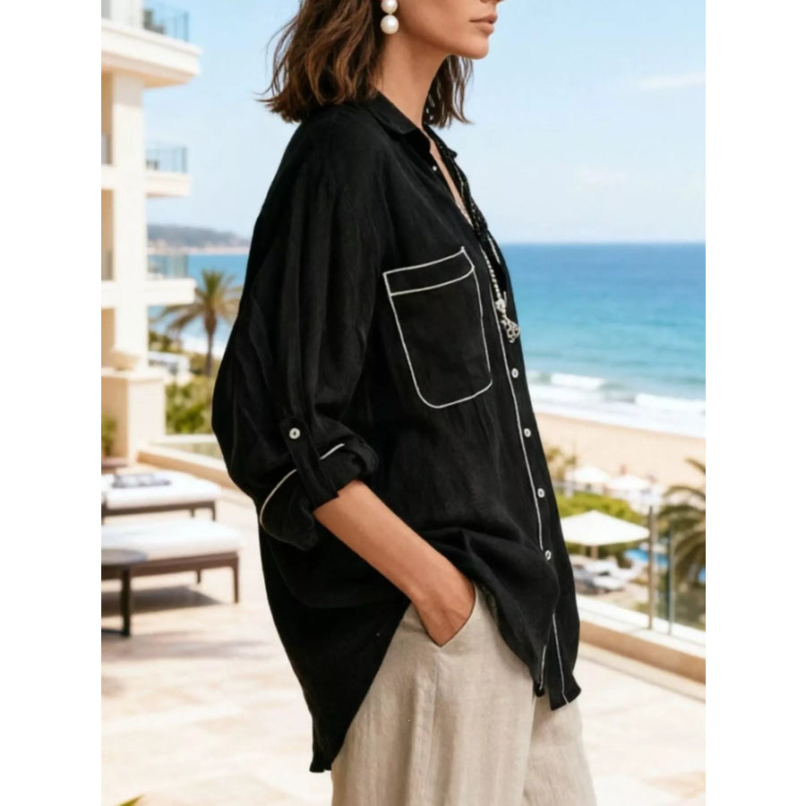 Contrast Trim Button Up Long Sleeve Shirt Apparel and Accessories