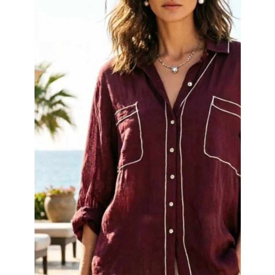 Contrast Trim Button Up Long Sleeve Shirt Apparel and Accessories