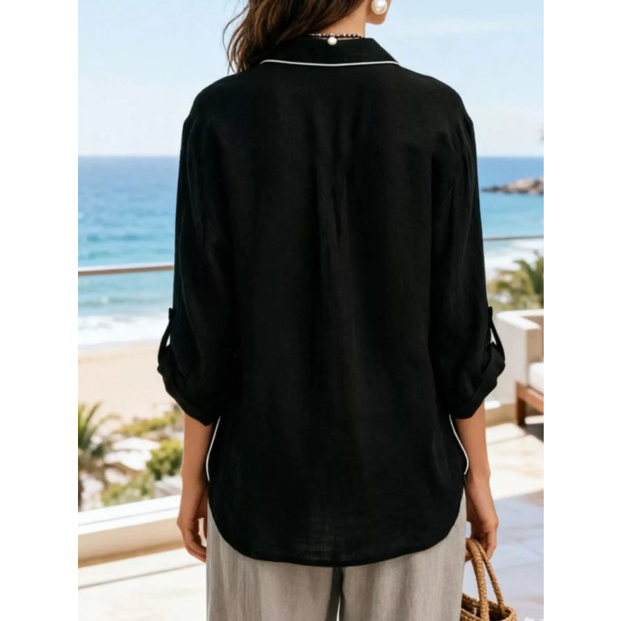 Contrast Trim Button Up Long Sleeve Shirt Apparel and Accessories