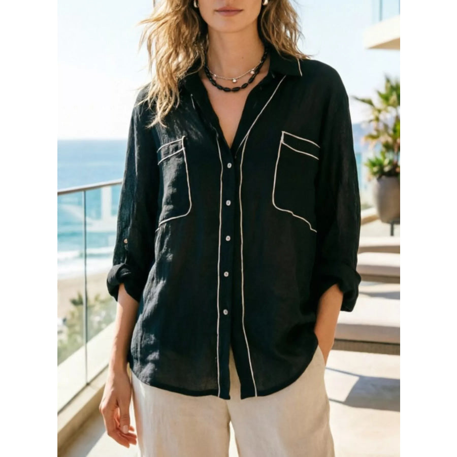 Contrast Trim Button Up Long Sleeve Shirt Black / S Apparel and Accessories