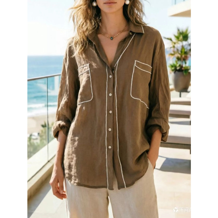 Contrast Trim Button Up Long Sleeve Shirt Camel / S Apparel and Accessories