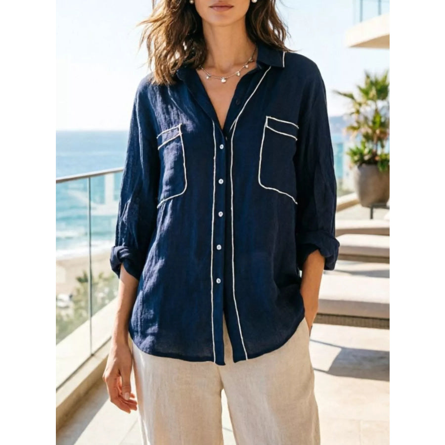 Contrast Trim Button Up Long Sleeve Shirt Dark Blue / S Apparel and Accessories