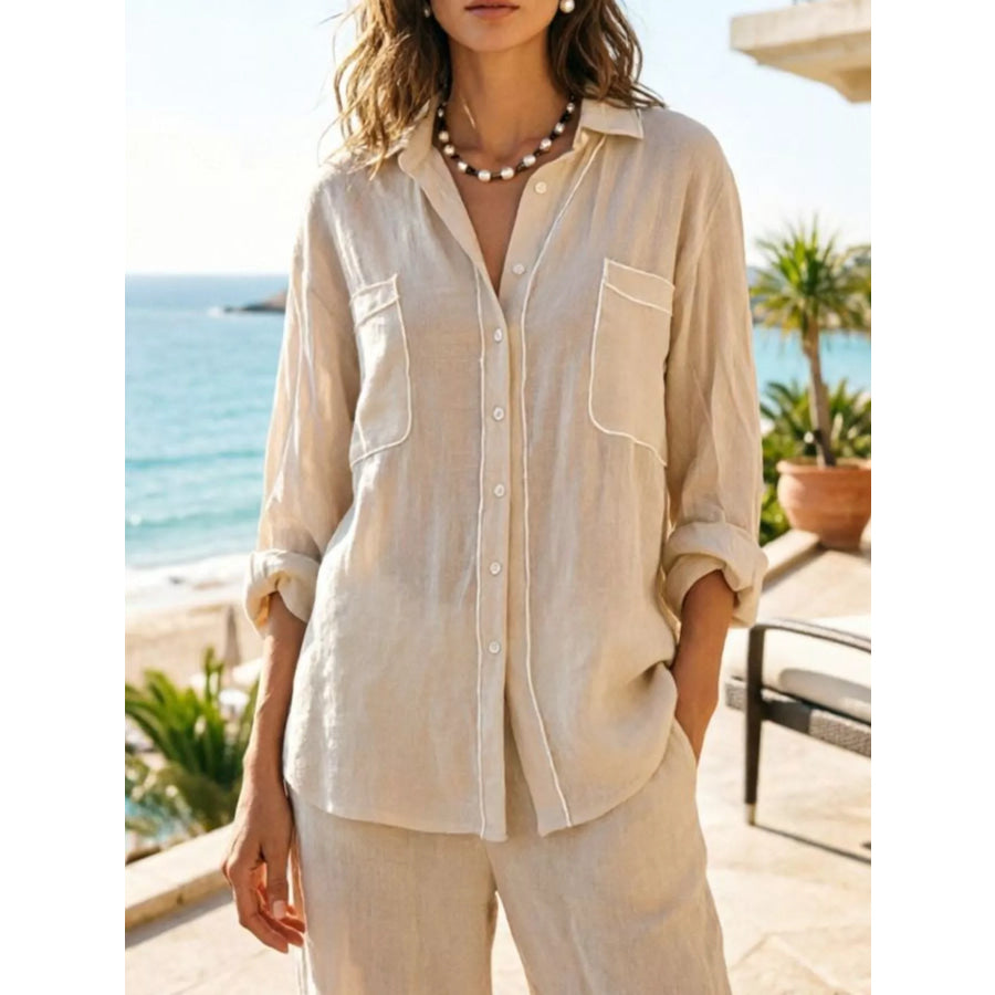 Contrast Trim Button Up Long Sleeve Shirt Tan / S Apparel and Accessories