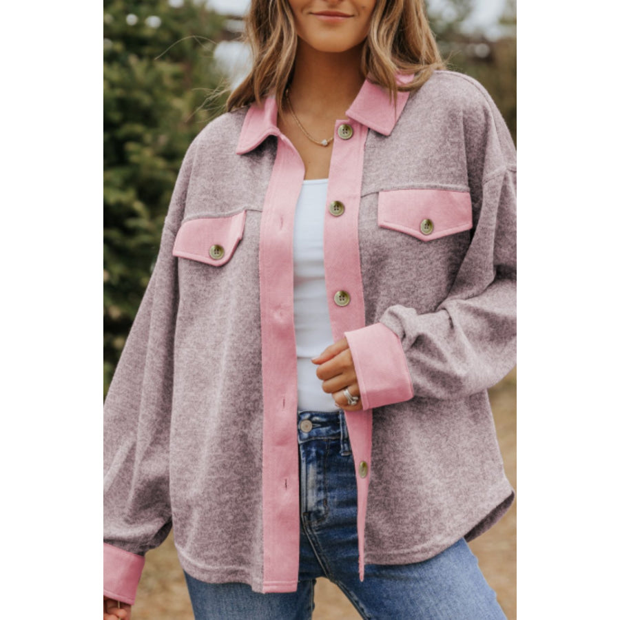 Contrast Trim Button Up Shacket Dusty Pink / S Apparel and Accessories