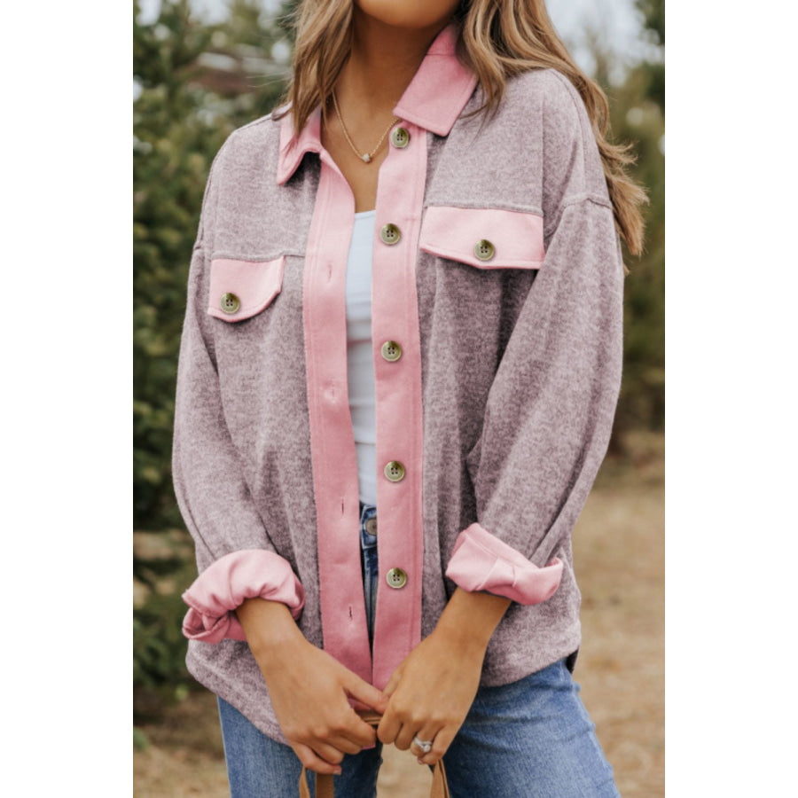 Contrast Trim Button Up Shacket Dusty Pink / S Apparel and Accessories