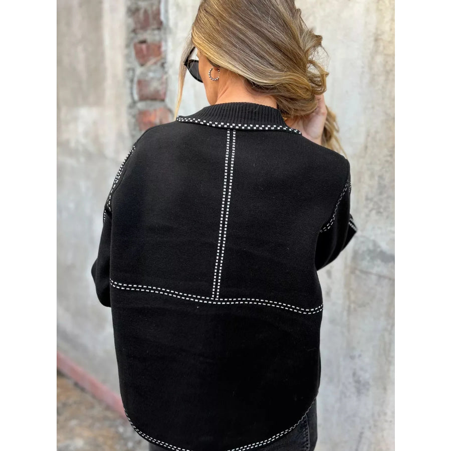 Contrast Trim Button up Sweater Cardigan Black / S Apparel and Accessories