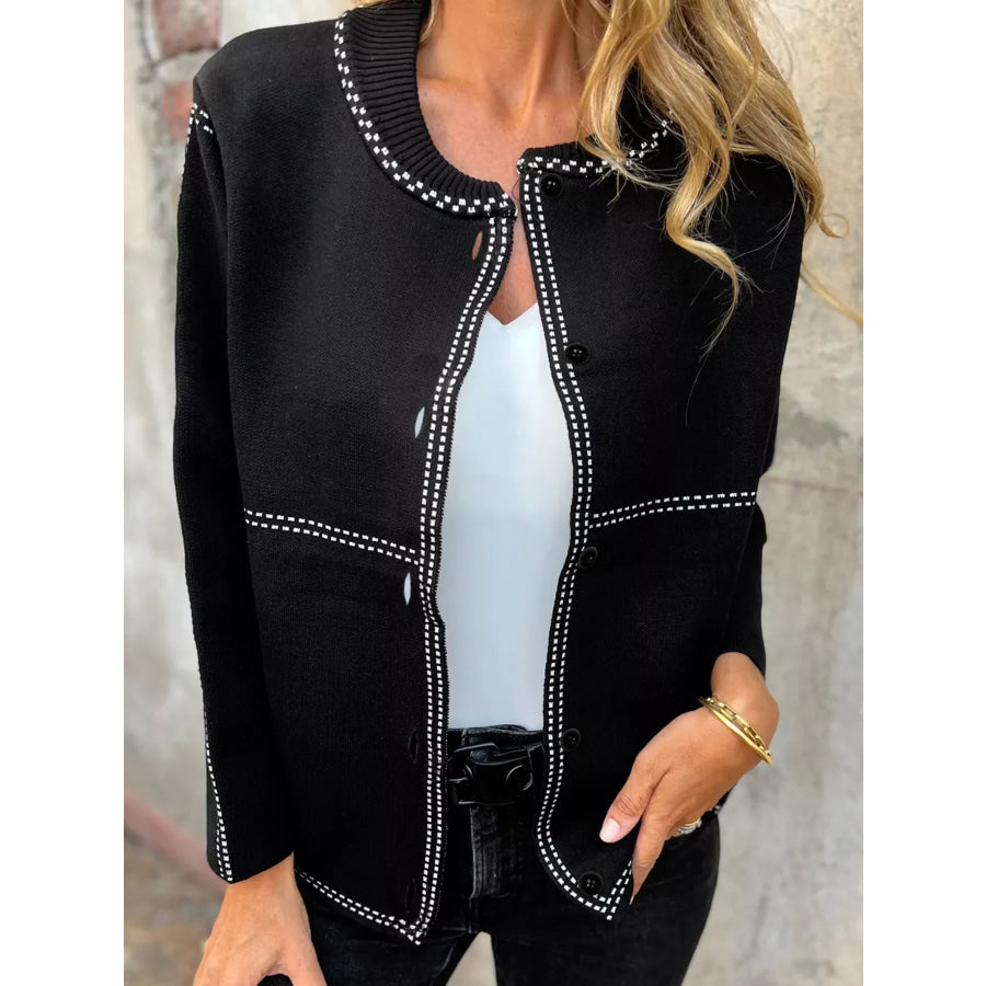 Contrast Trim Button up Sweater Cardigan Black / S Apparel and Accessories