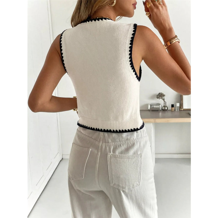 Contrast Trim Button Up Sweater Vest Apparel and Accessories