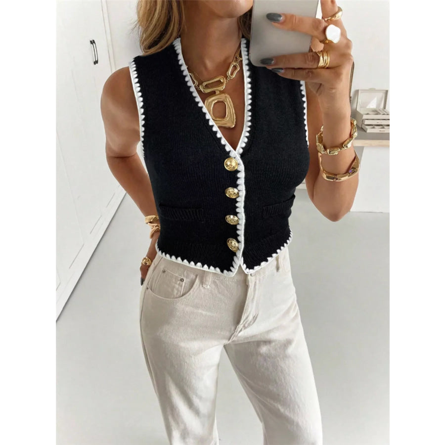 Contrast Trim Button Up Sweater Vest Apparel and Accessories