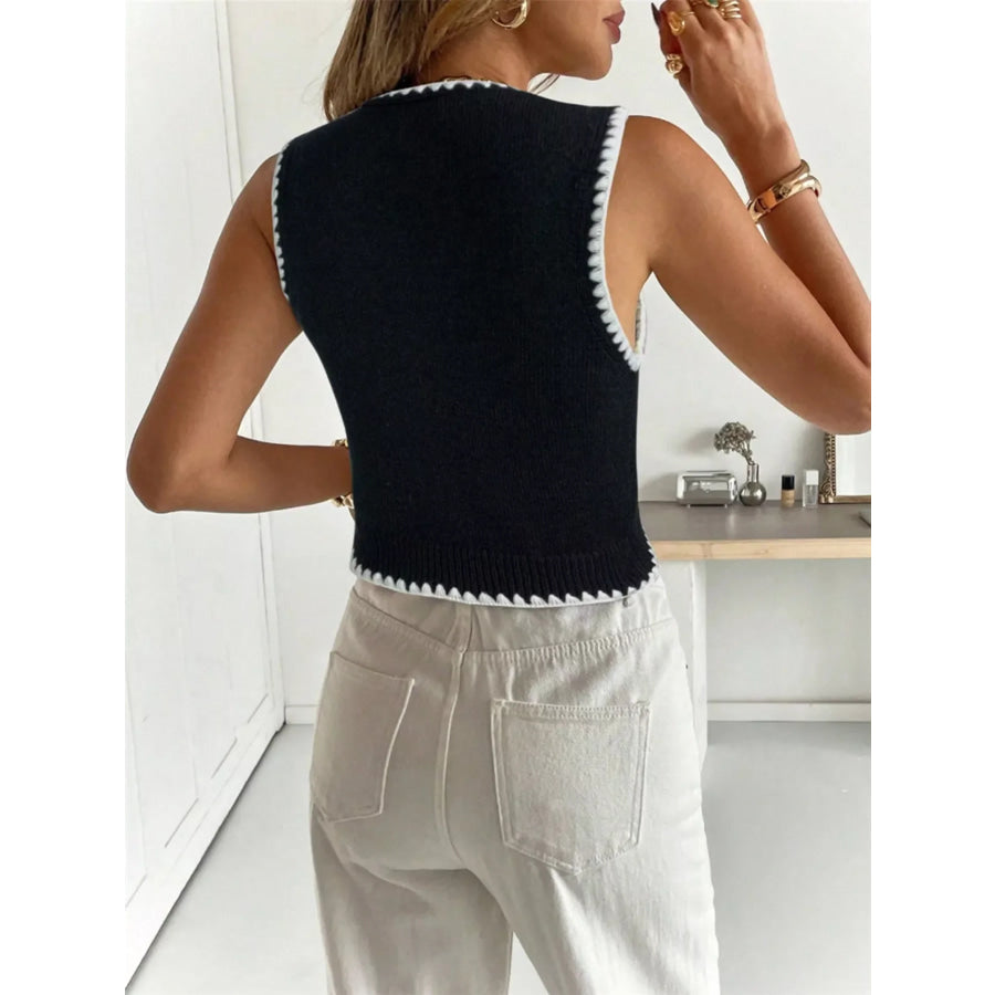 Contrast Trim Button Up Sweater Vest Apparel and Accessories
