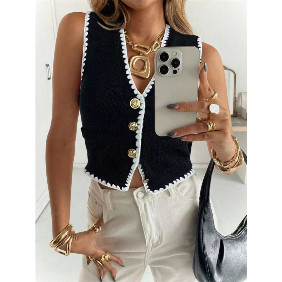 Contrast Trim Button Up Sweater Vest Apparel and Accessories