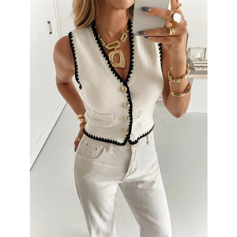 Contrast Trim Button Up Sweater Vest Apparel and Accessories
