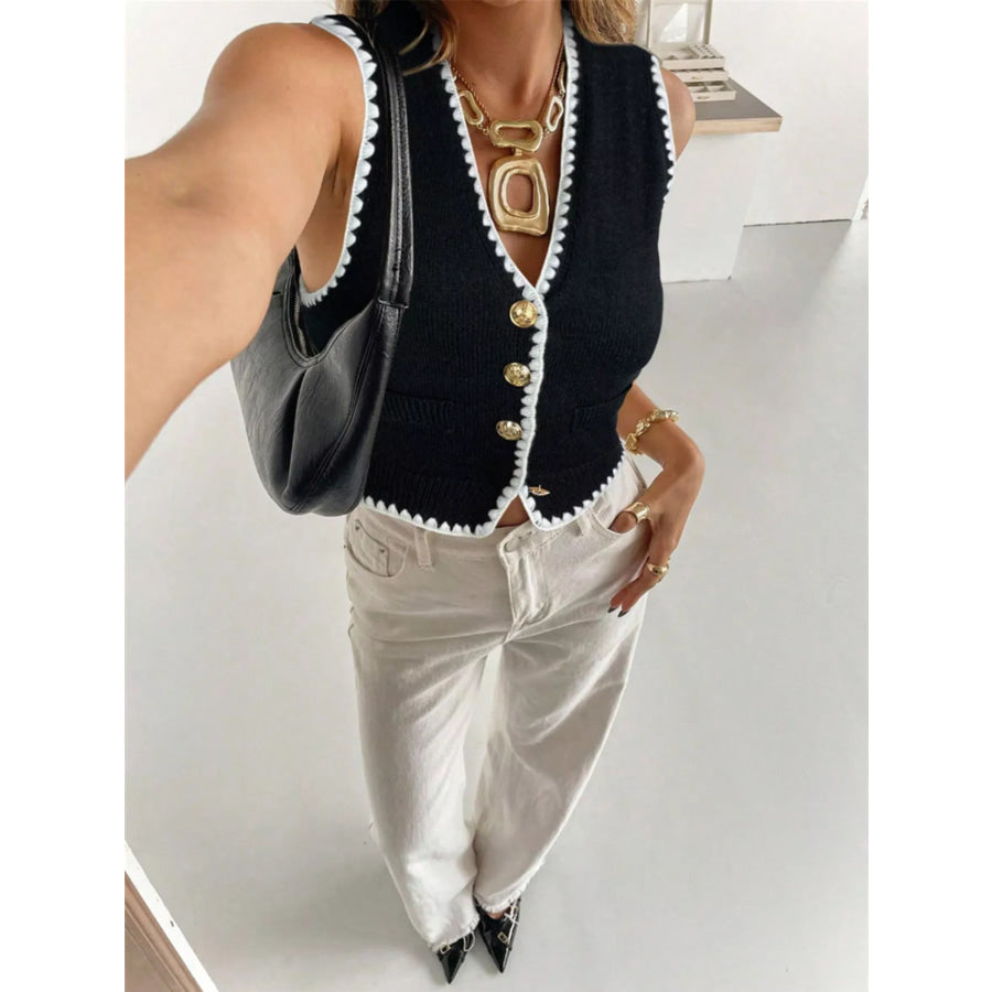 Contrast Trim Button Up Sweater Vest Apparel and Accessories