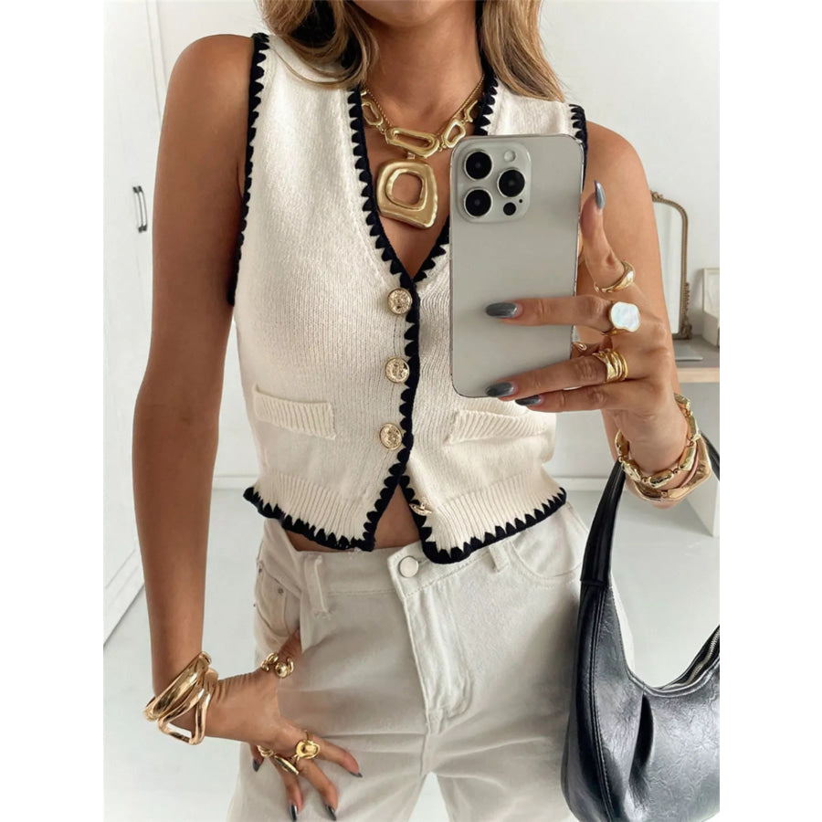 Contrast Trim Button Up Sweater Vest Ivory / S Apparel and Accessories