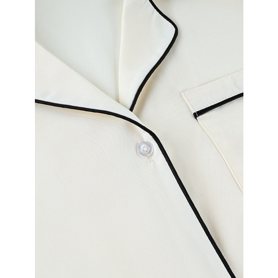Contrast Trim Button Up Top and Pants Lounge Set Apparel and Accessories