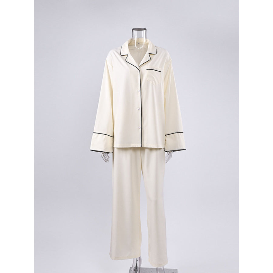 Contrast Trim Button Up Top and Pants Lounge Set Apparel and Accessories