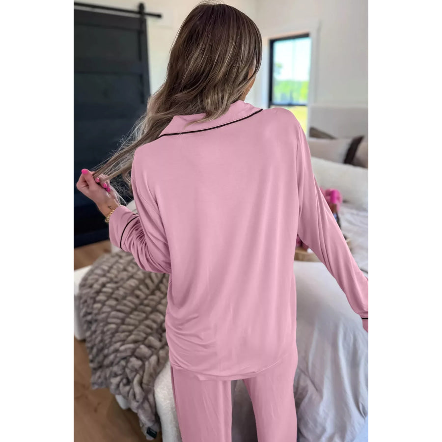 Contrast Trim Button Up Top and Pants Set Blush Pink / S Apparel and Accessories