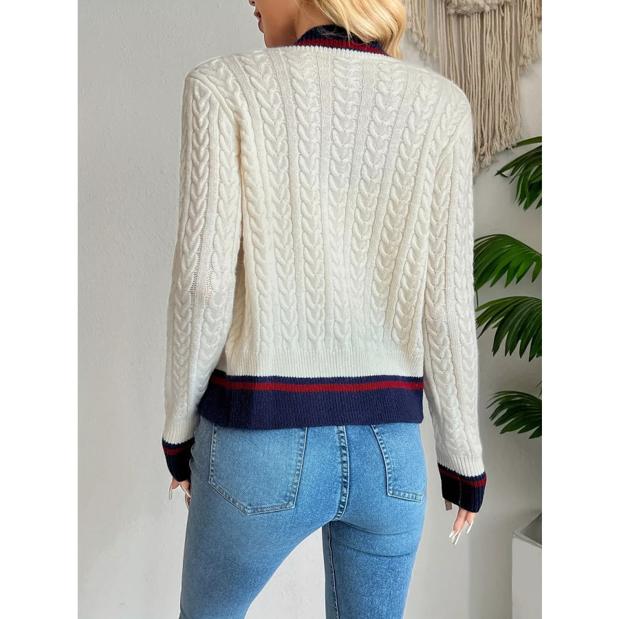 Contrast Trim Cable Knit Cardigan Apparel and Accessories
