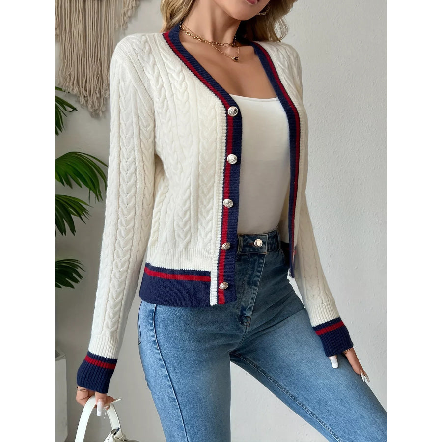 Contrast Trim Cable Knit Cardigan Apparel and Accessories