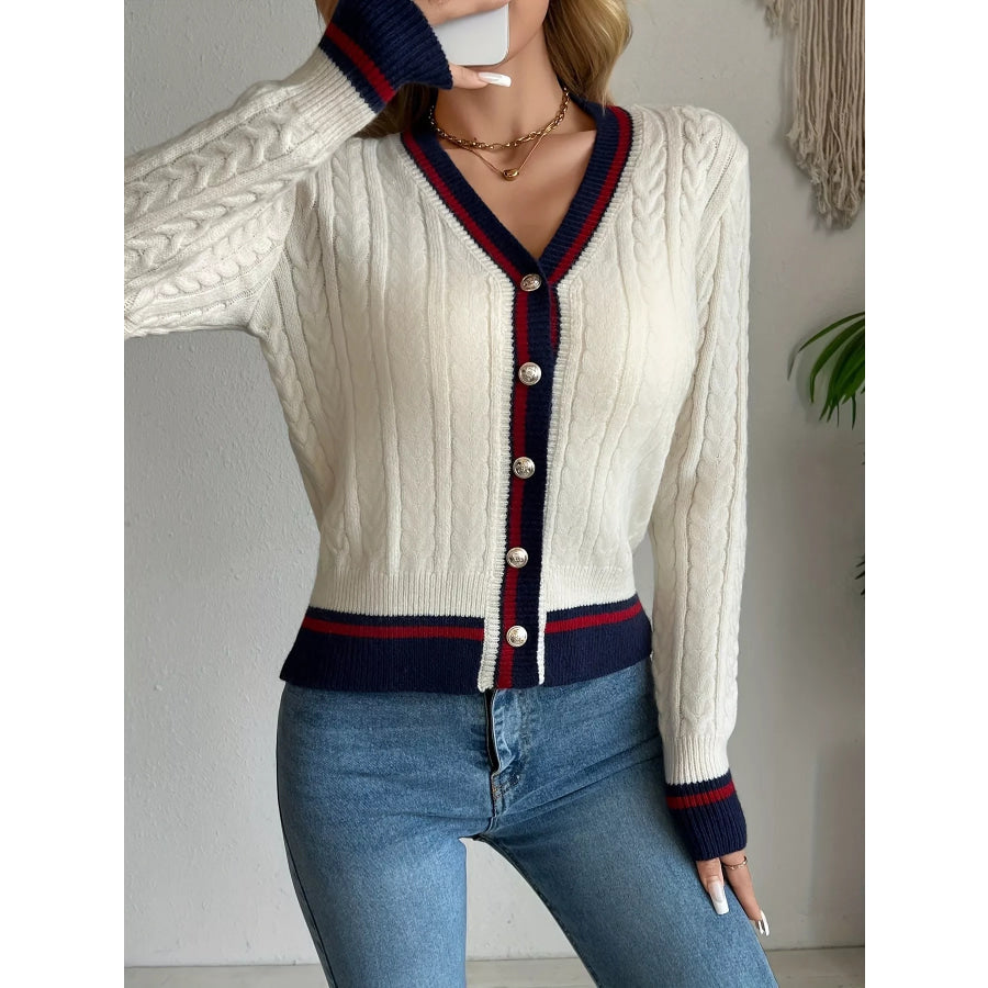 Contrast Trim Cable Knit Cardigan Apparel and Accessories