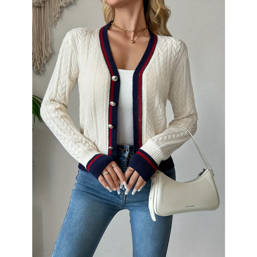 Contrast Trim Cable Knit Cardigan Cream / S Apparel and Accessories