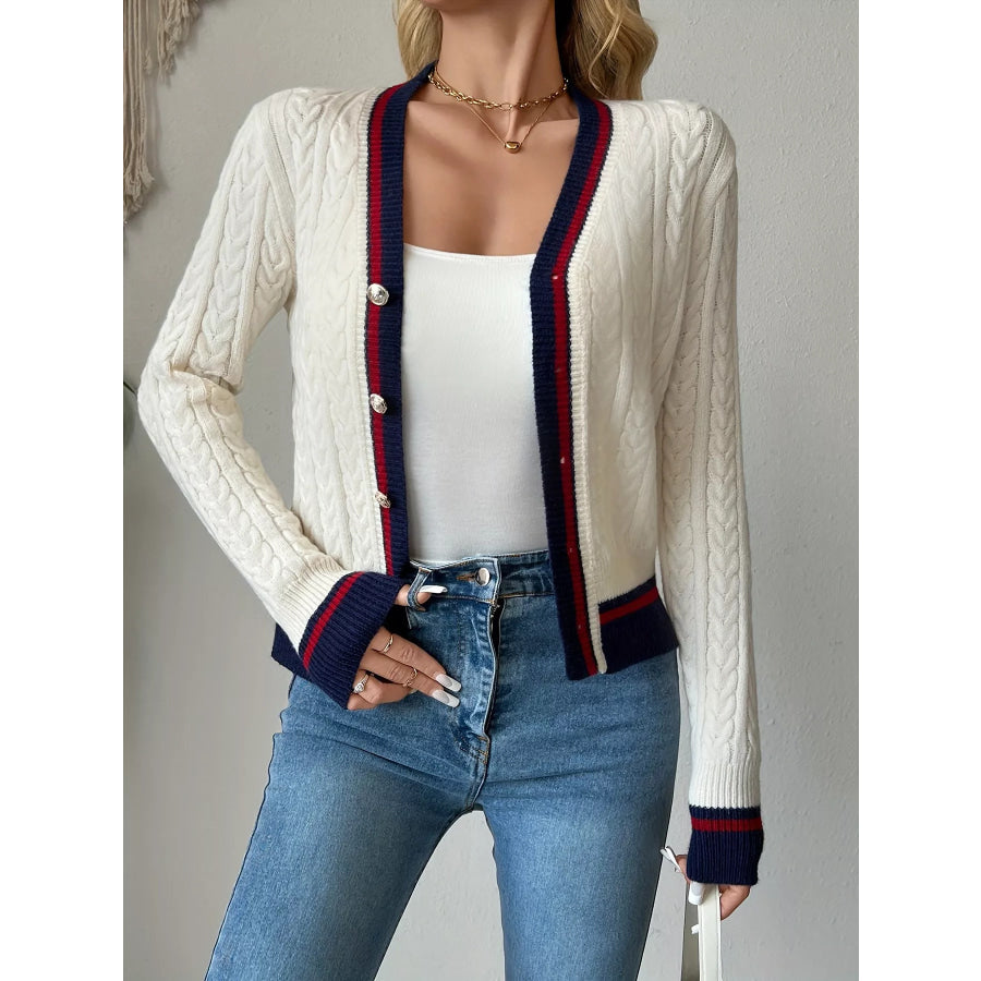 Contrast Trim Cable Knit Cardigan Apparel and Accessories