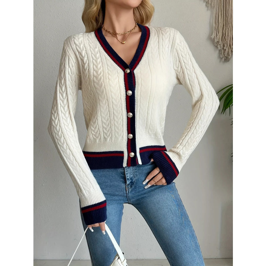 Contrast Trim Cable Knit Cardigan Cream / S Apparel and Accessories