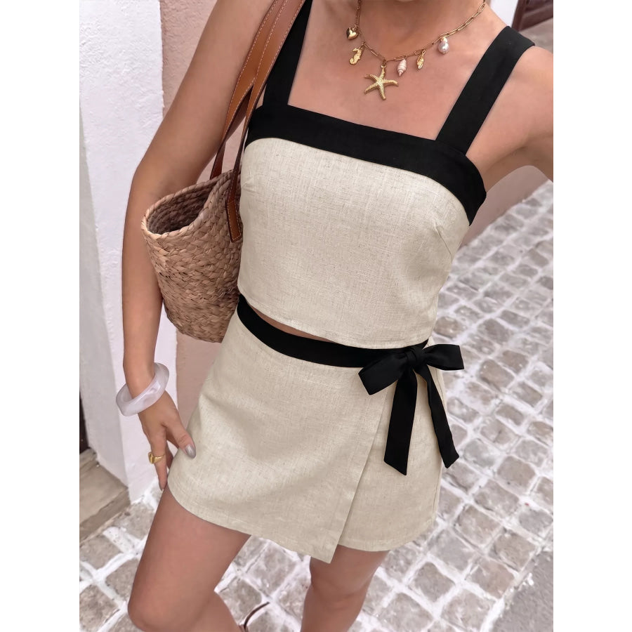 Contrast Trim Cami and Skort Set Khaki / S Apparel and Accessories
