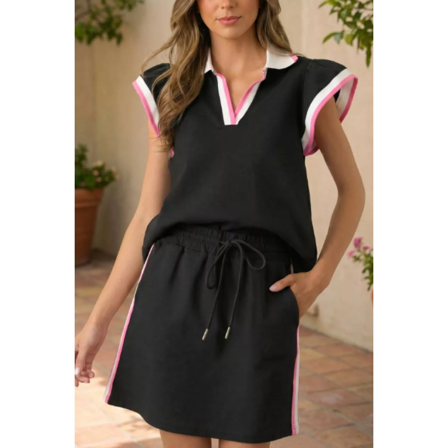 Contrast Trim Cap Sleeve Blouse and Shorts Set Black / S Apparel and Accessories