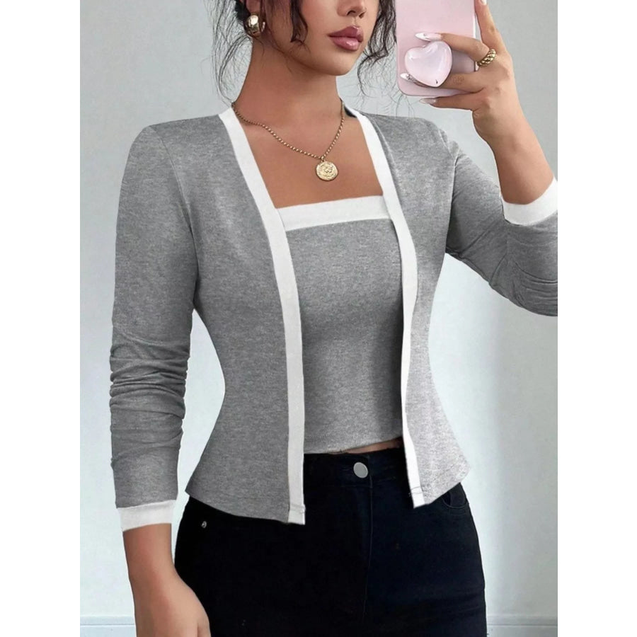 Contrast Trim Cardigan & Tank Top Set Apparel and Accessories