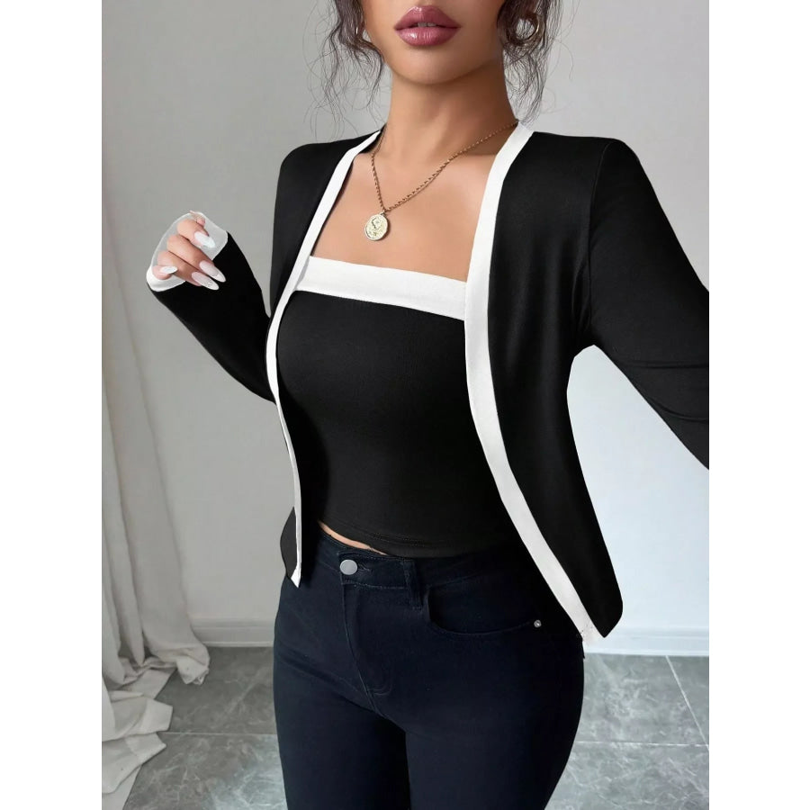 Contrast Trim Cardigan & Tank Top Set Black / S Apparel and Accessories