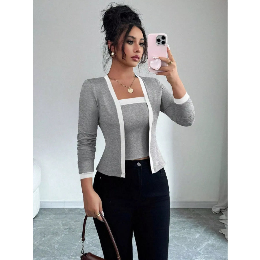 Contrast Trim Cardigan & Tank Top Set Gray / S Apparel and Accessories