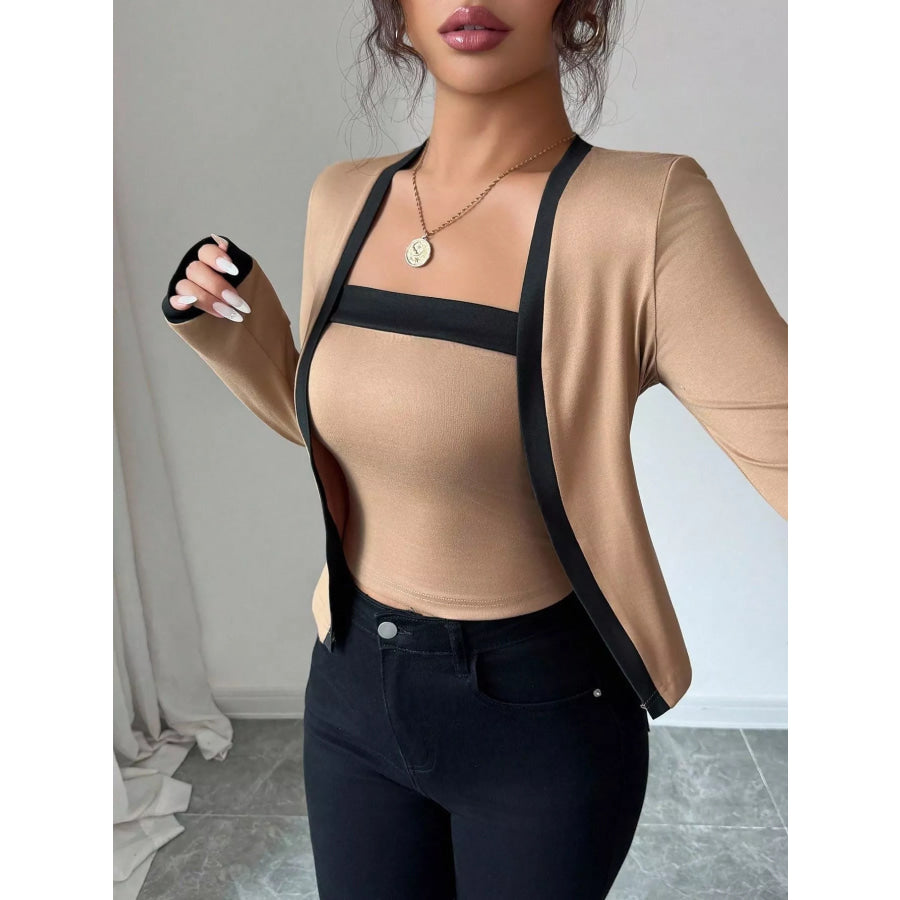 Contrast Trim Cardigan & Tank Top Set Khaki / S Apparel and Accessories