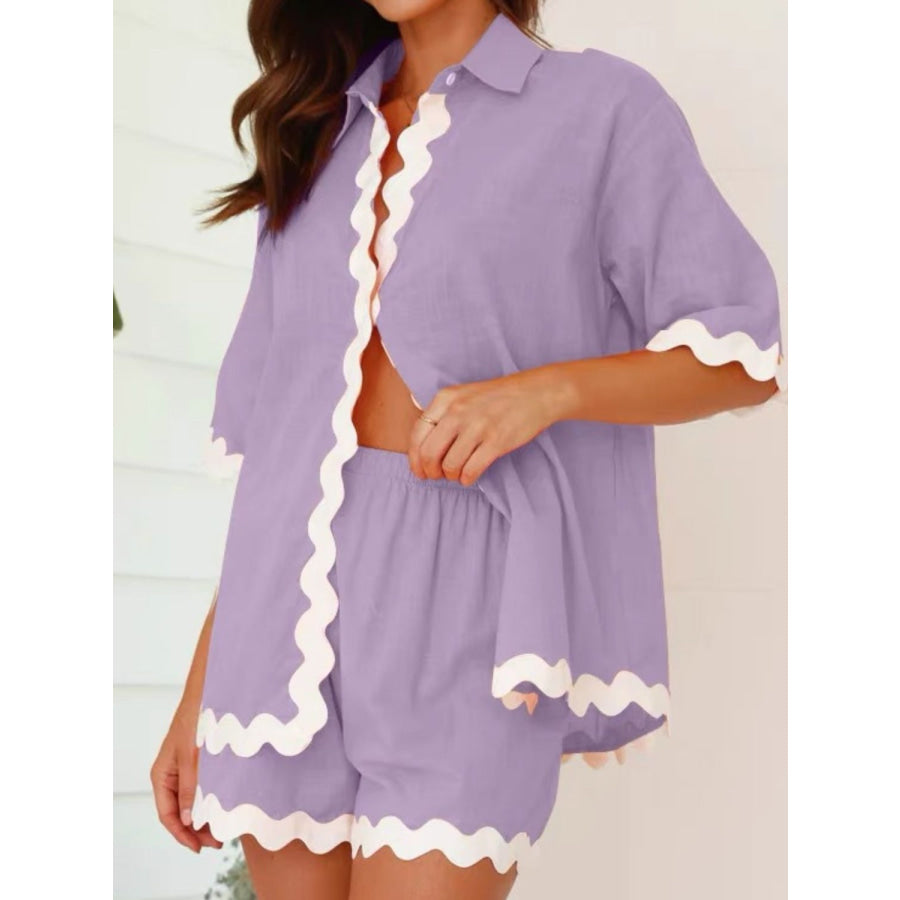 Contrast Trim Collared Neck Top and Shorts Set Lilac / S Apparel and Accessories