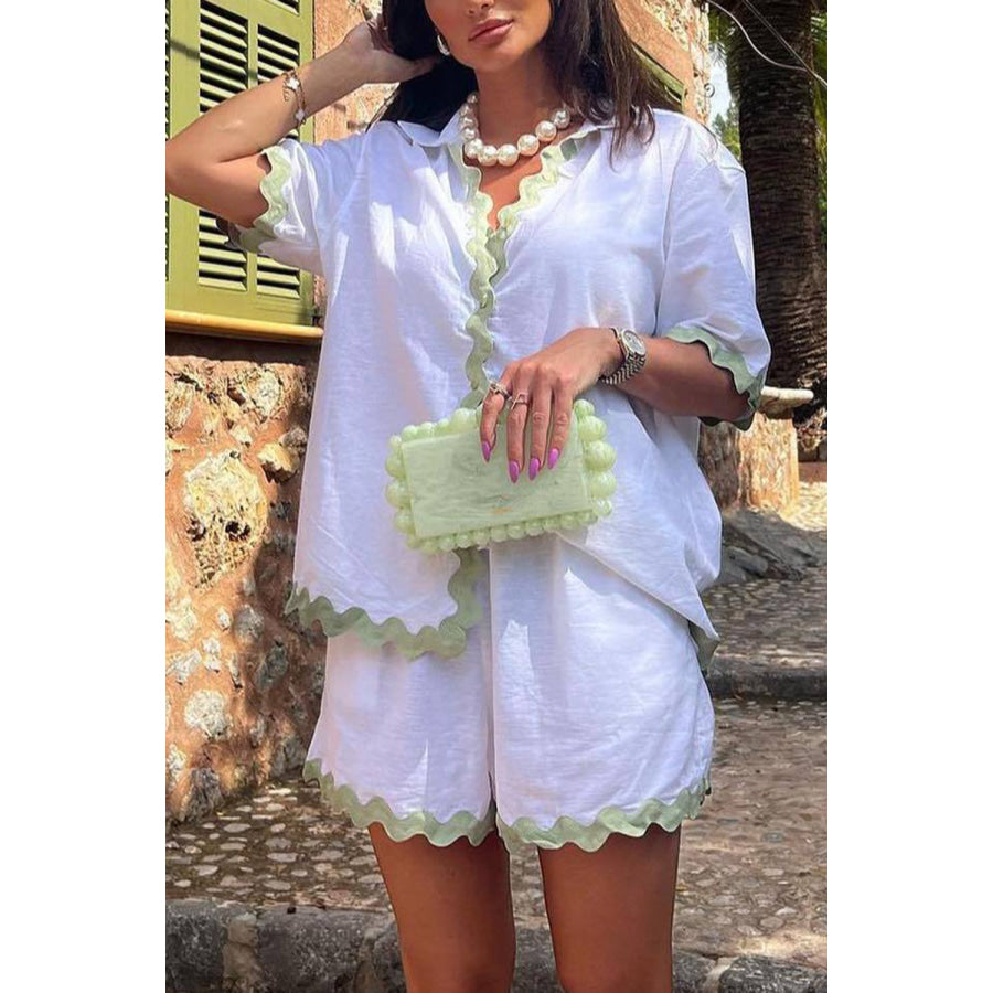 Contrast Trim Collared Neck Top and Shorts Set White / S Apparel and Accessories