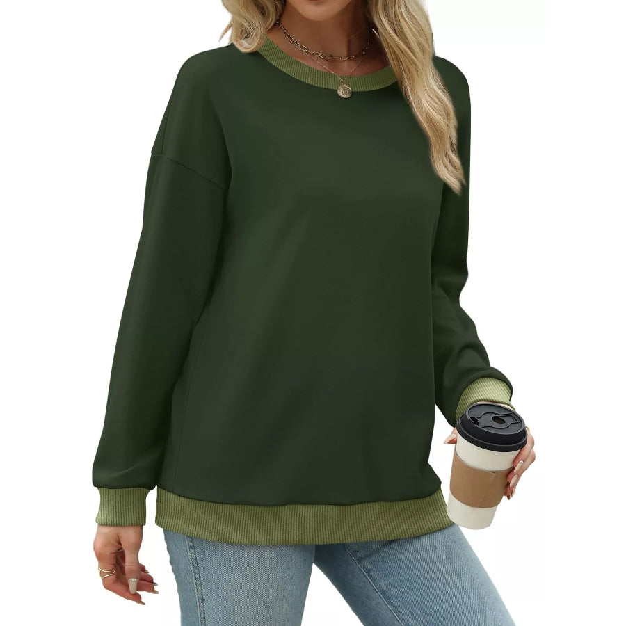 Contrast Trim Crew Neck Casual Sweatshirt Apparel and Accessories