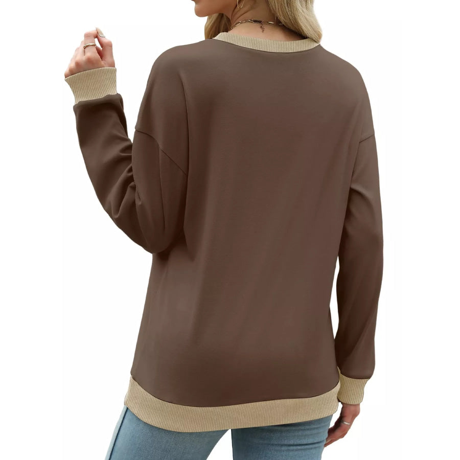 Contrast Trim Crew Neck Casual Sweatshirt Apparel and Accessories