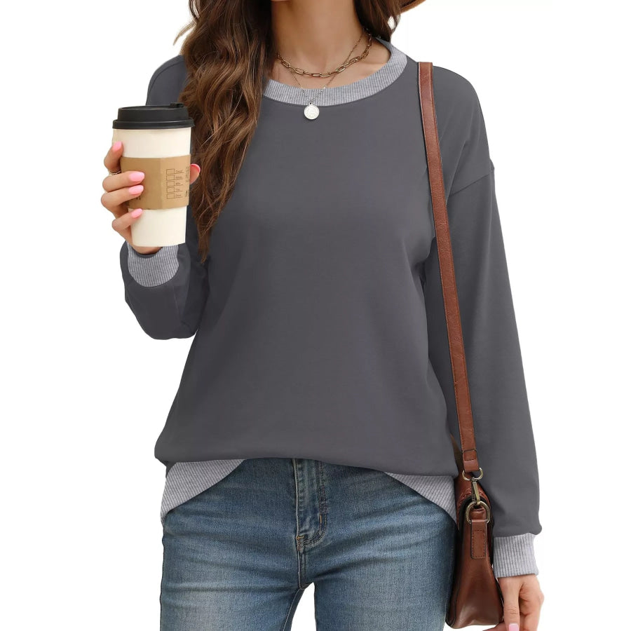 Contrast Trim Crew Neck Casual Sweatshirt Apparel and Accessories