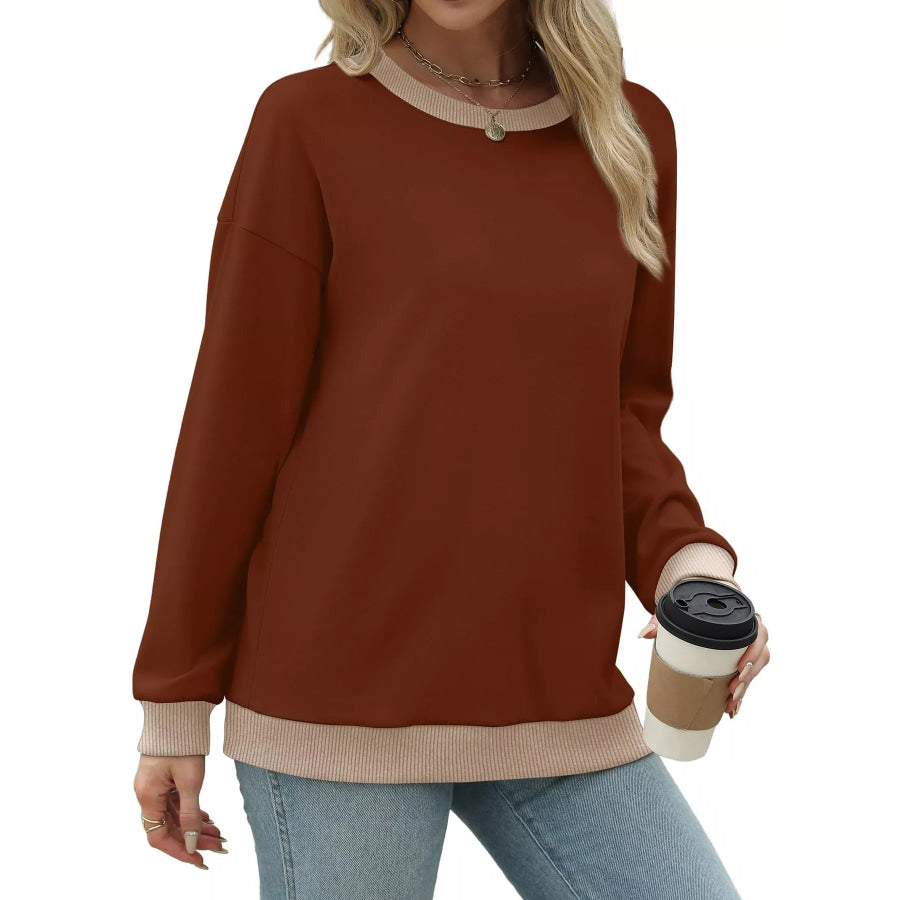 Contrast Trim Crew Neck Casual Sweatshirt Apparel and Accessories