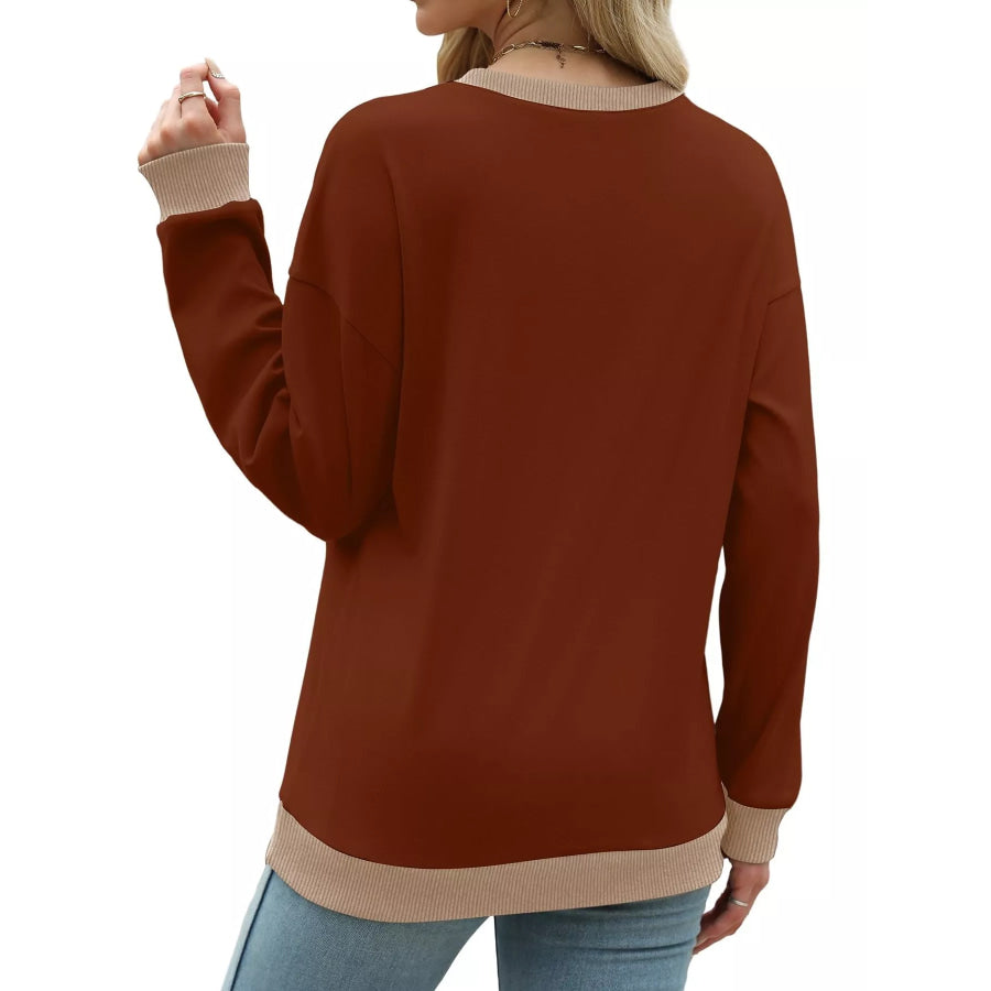 Contrast Trim Crew Neck Casual Sweatshirt Apparel and Accessories