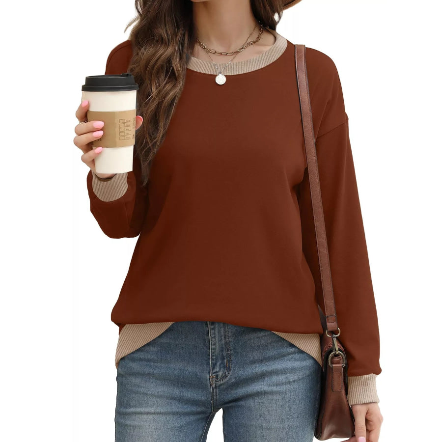 Contrast Trim Crew Neck Casual Sweatshirt Apparel and Accessories