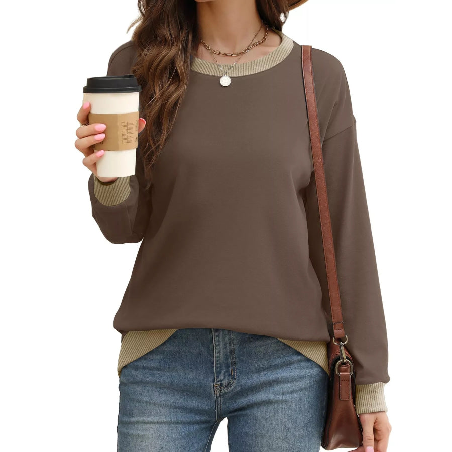Contrast Trim Crew Neck Casual Sweatshirt Apparel and Accessories