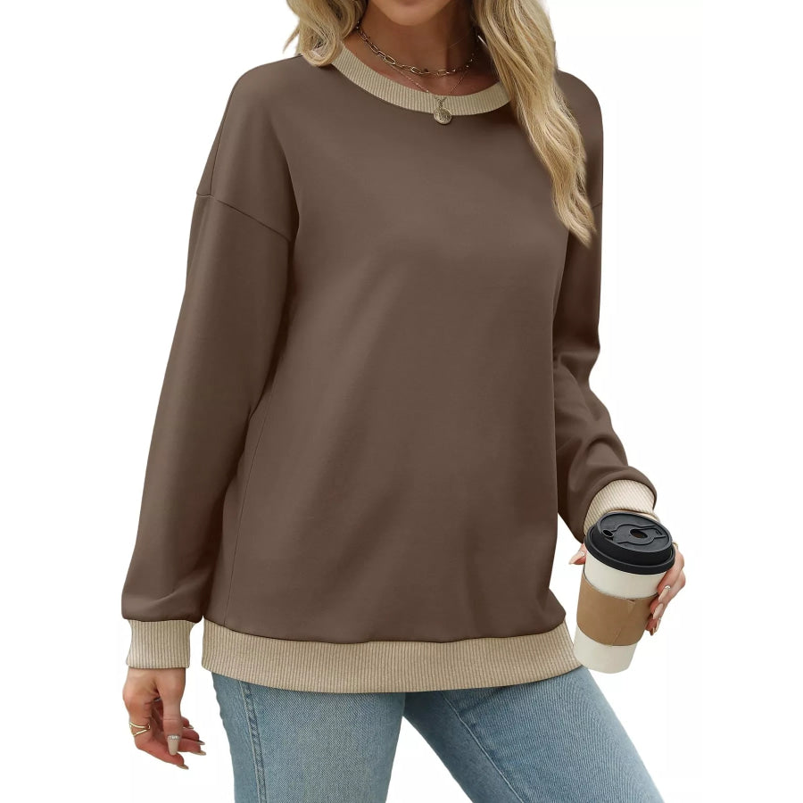 Contrast Trim Crew Neck Casual Sweatshirt Apparel and Accessories