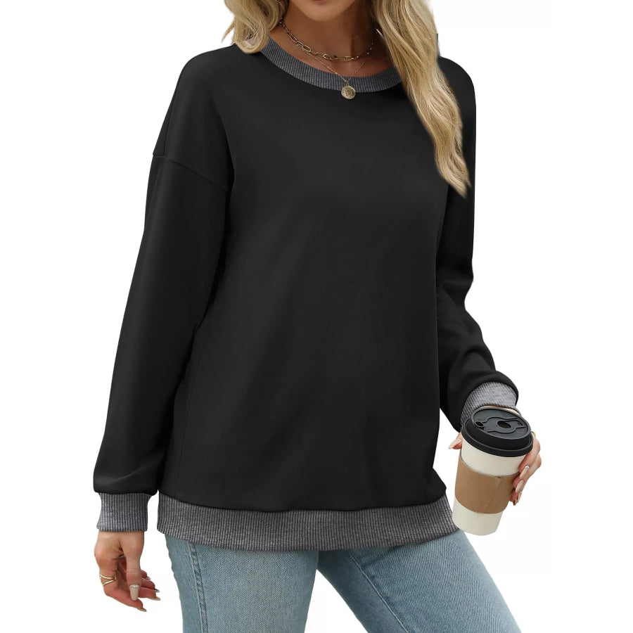 Contrast Trim Crew Neck Casual Sweatshirt Apparel and Accessories