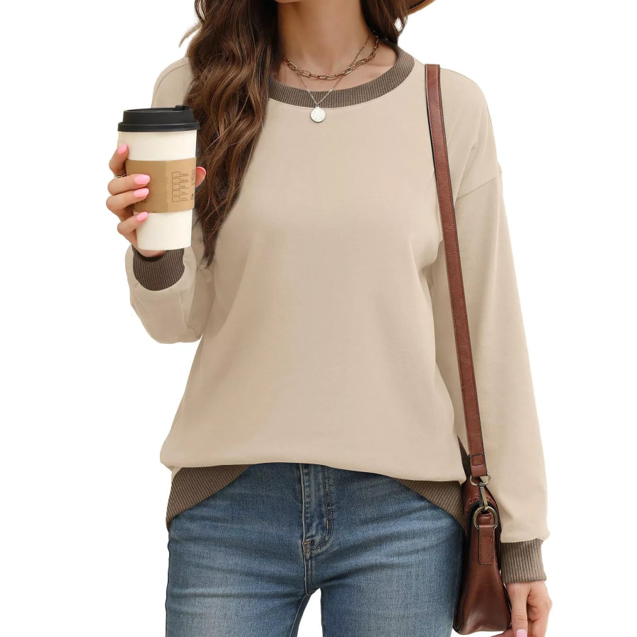 Contrast Trim Crew Neck Casual Sweatshirt Apparel and Accessories