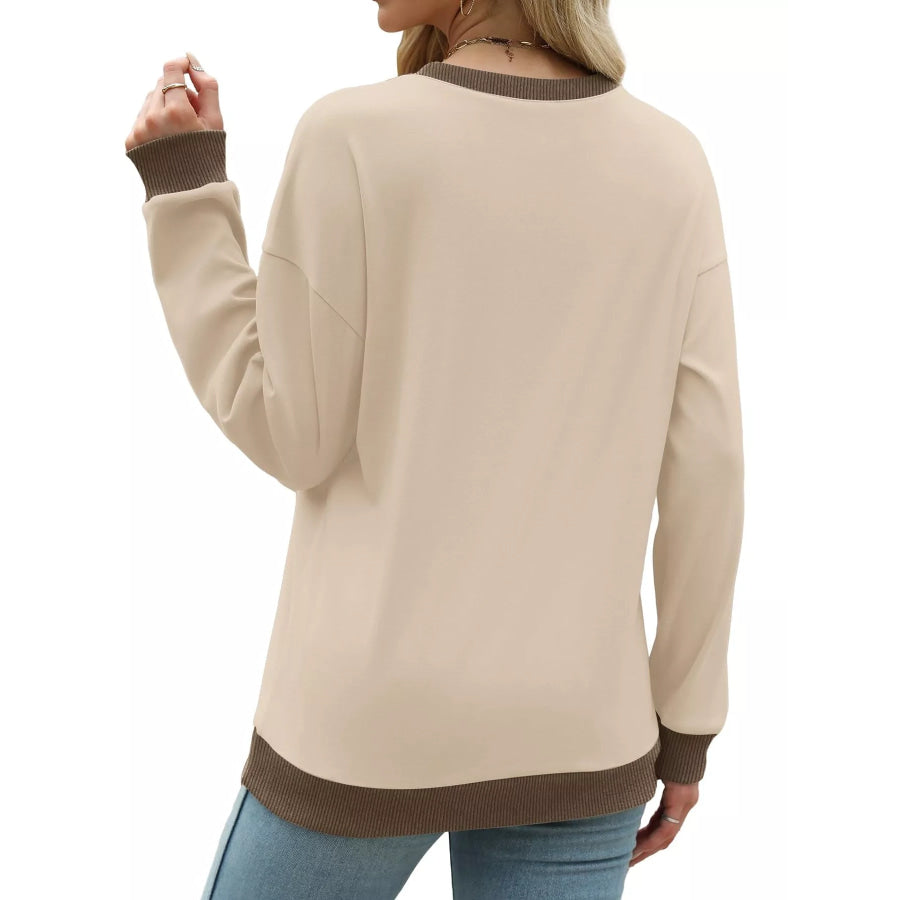 Contrast Trim Crew Neck Casual Sweatshirt Apparel and Accessories