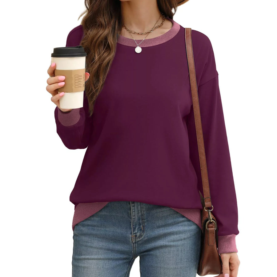 Contrast Trim Crew Neck Casual Sweatshirt Apparel and Accessories