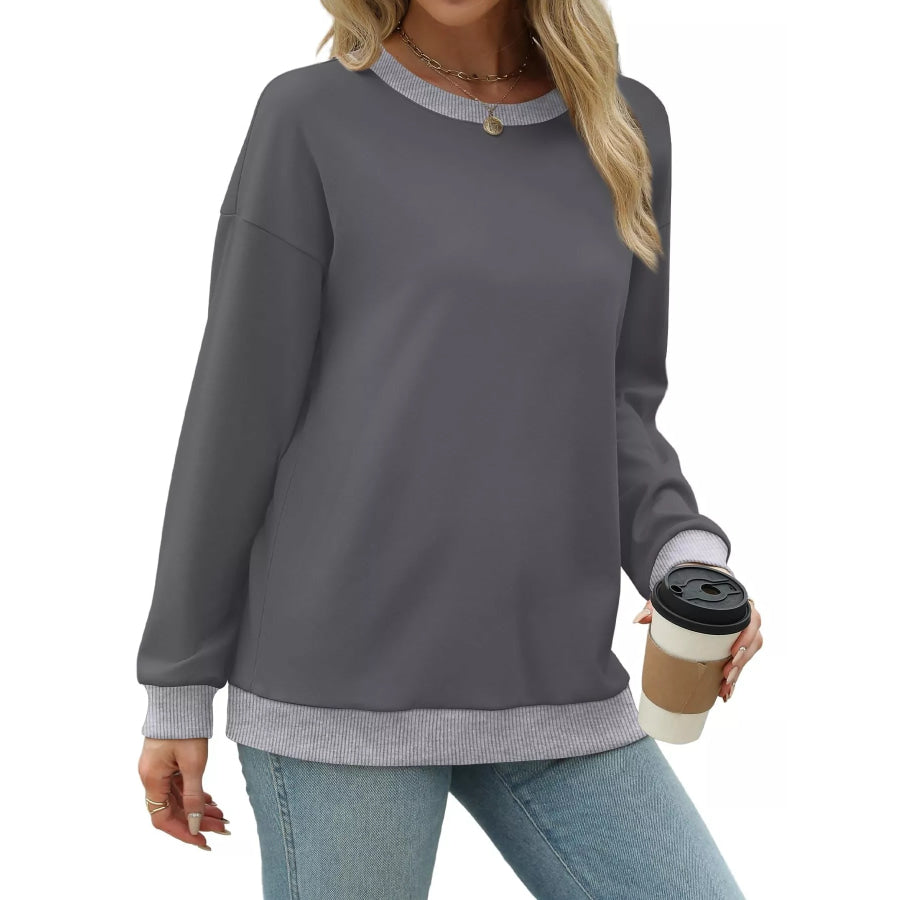 Contrast Trim Crew Neck Casual Sweatshirt Apparel and Accessories