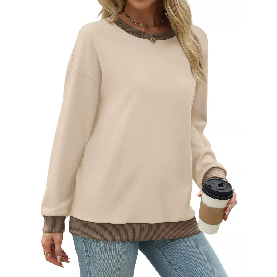 Contrast Trim Crew Neck Casual Sweatshirt Apparel and Accessories